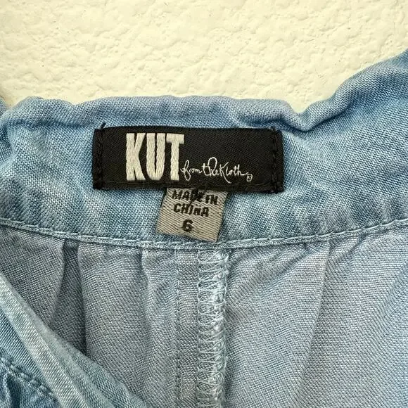 KUT Chambray Off Shoulder Dress Blue Tencel Size 6 Pockets Casual Summer - Picture 3 of 7